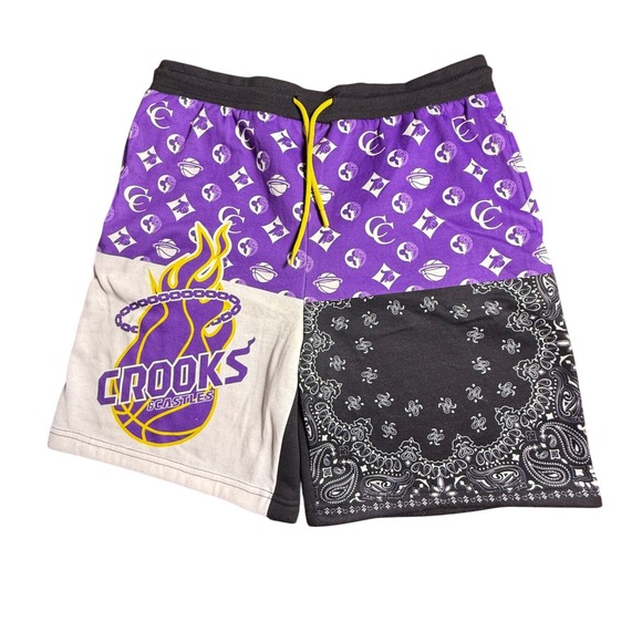 Crooks & Castles Shorts Mens 2XL Purple‎ Black Graphic Logo Patchwork-776 - Picture 1 of 9